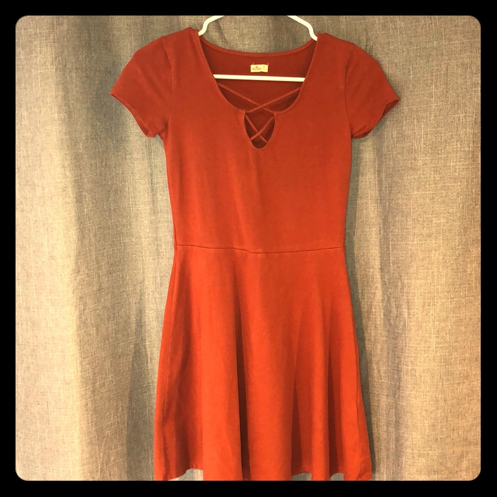 Dark orange hollister dress, fit and flare style.